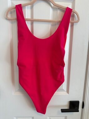 Aerie Neon Pink and Orange Long Line High Cut Low Back One Piece Swimsuit Sz M
